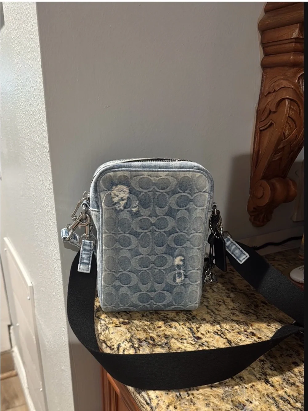 Coach Distressed Denim Signature Canvas Messenger Crossbody w/Strap & Charm
